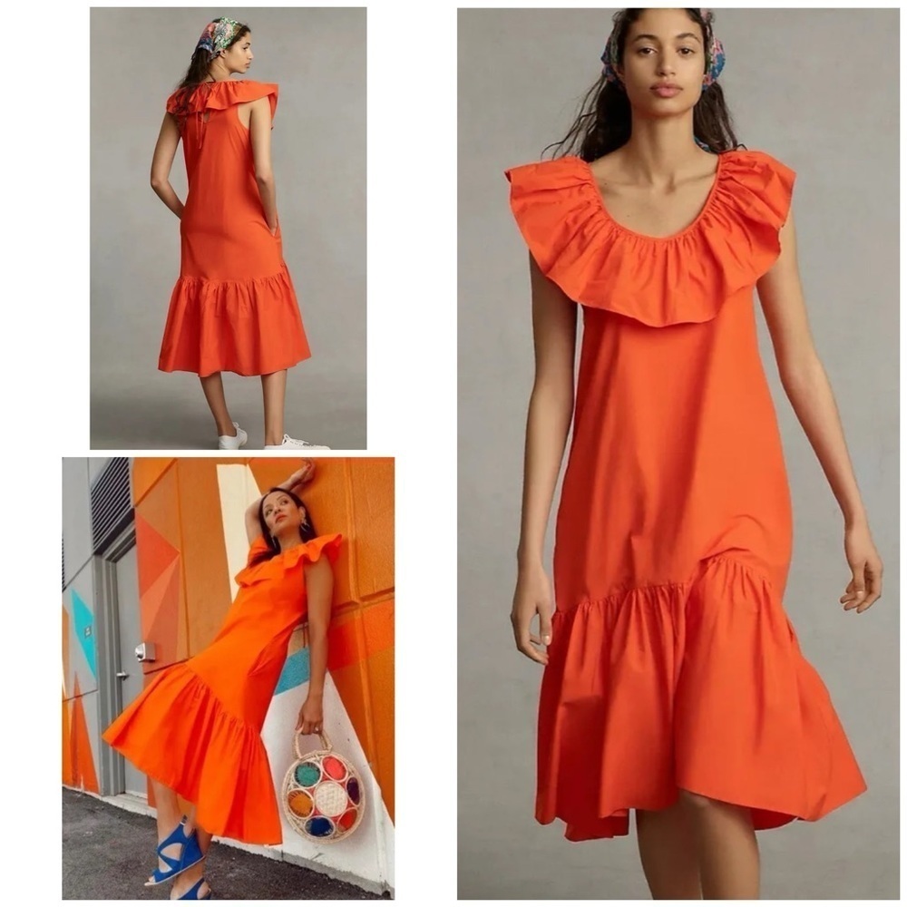 NWT Anthropologie Whit Two Red Orange Flouncy Ruffled Midi Dress M Petite​​​​​